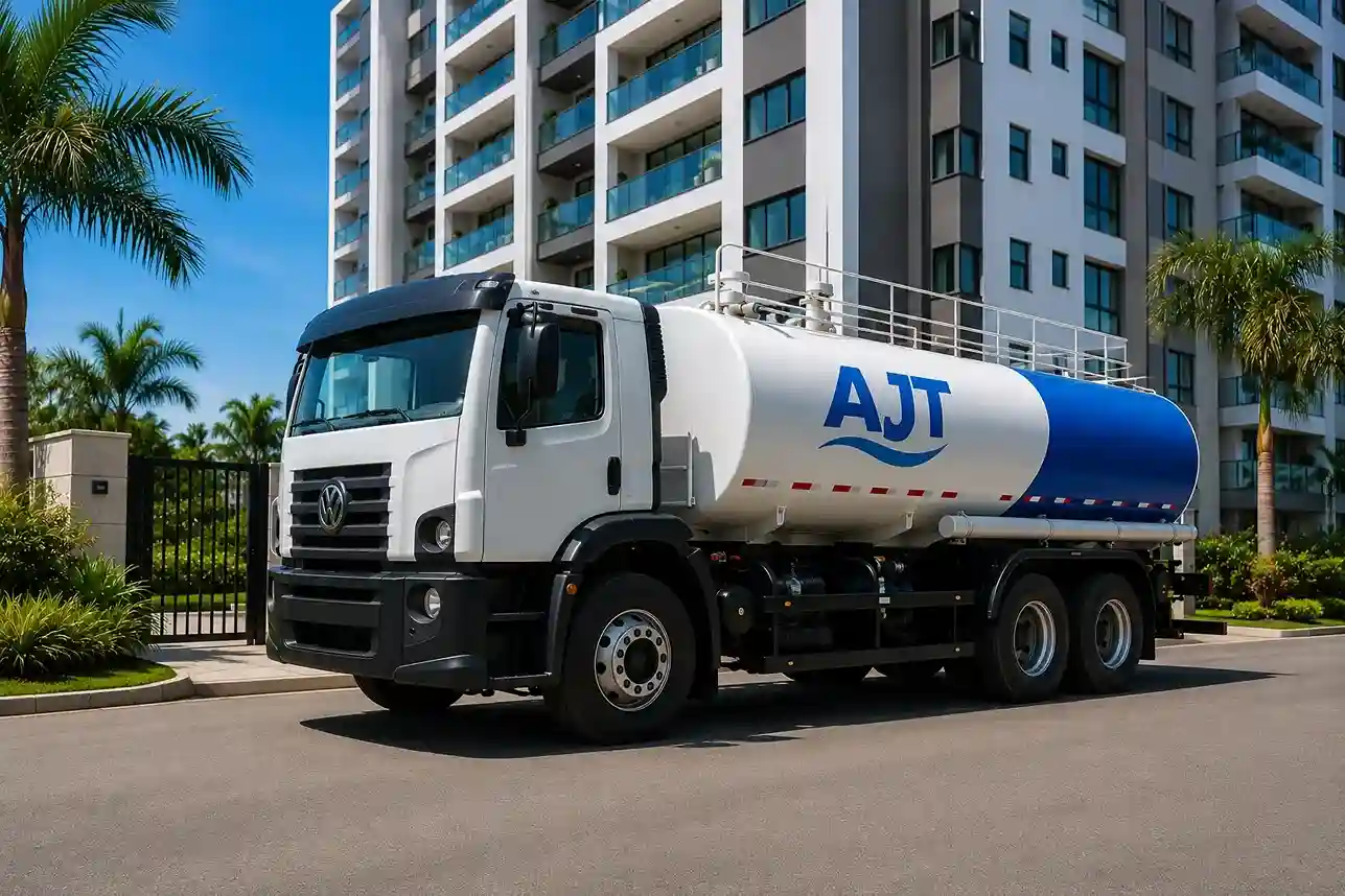 Motorista da AJT abastecendo reservatório residencial em Biguaçu
