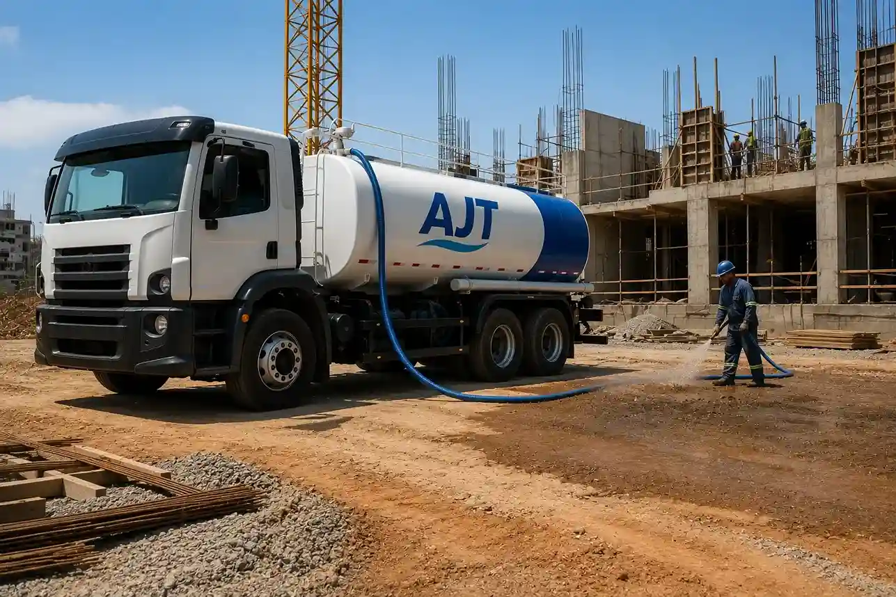 Caminhão pipa fornecendo água para canteiro de obras em Biguaçu