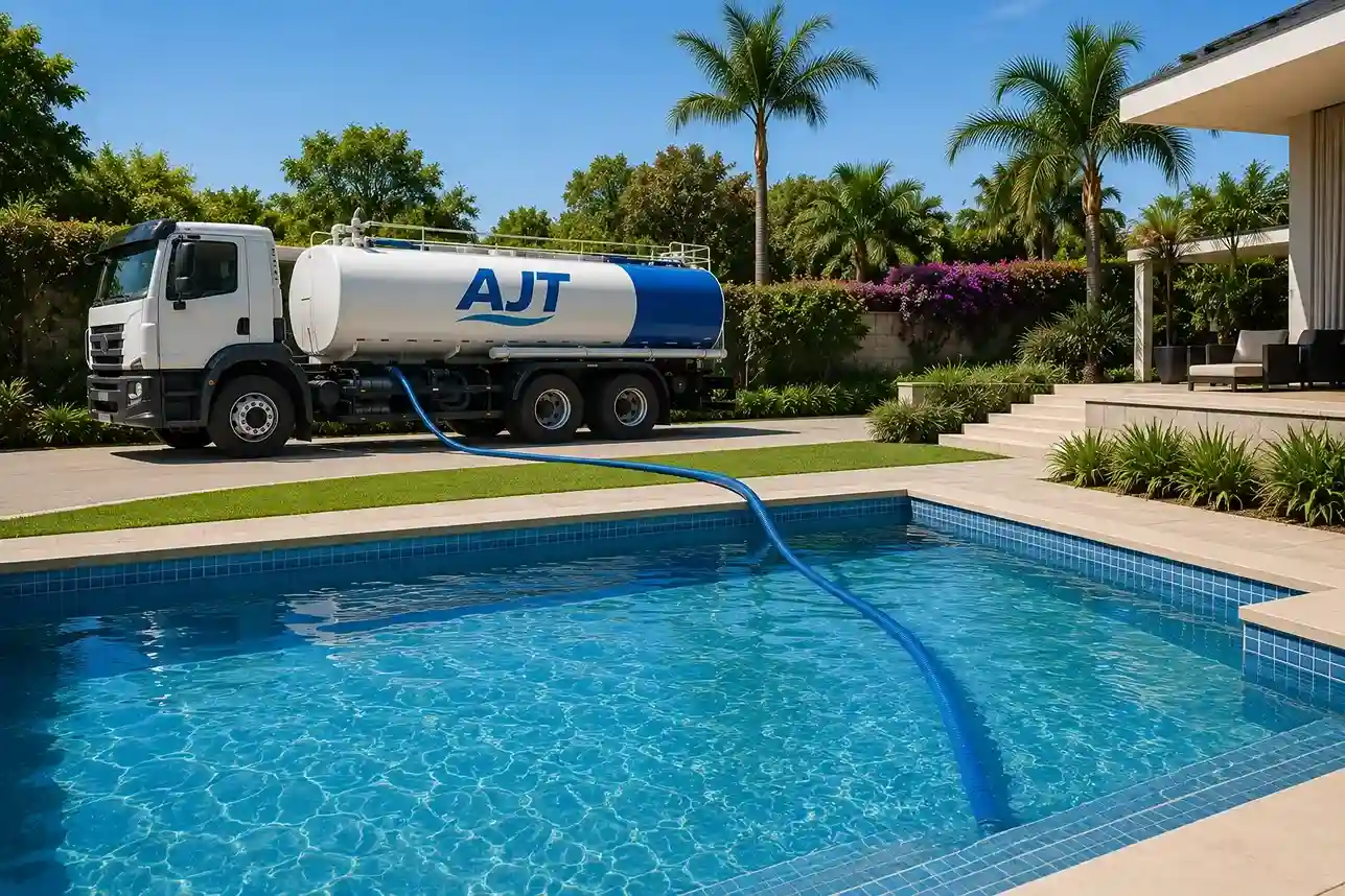 Caminhão pipa enchendo piscina residencial em Biguaçu